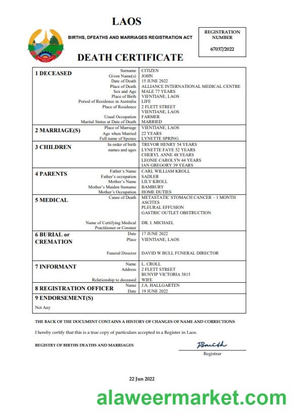 Laos vital record death certificate Word and PDF template